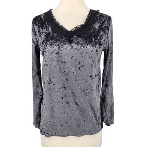 Nanette Lepore Crushed Velvet Pullover with Black Lace Neckline Romantic Grunge